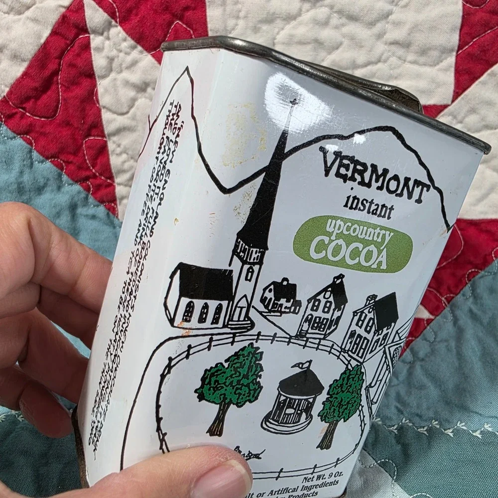 Vermont Upcountry Cocoa Tin Small White Vintage Ski Village Graphic